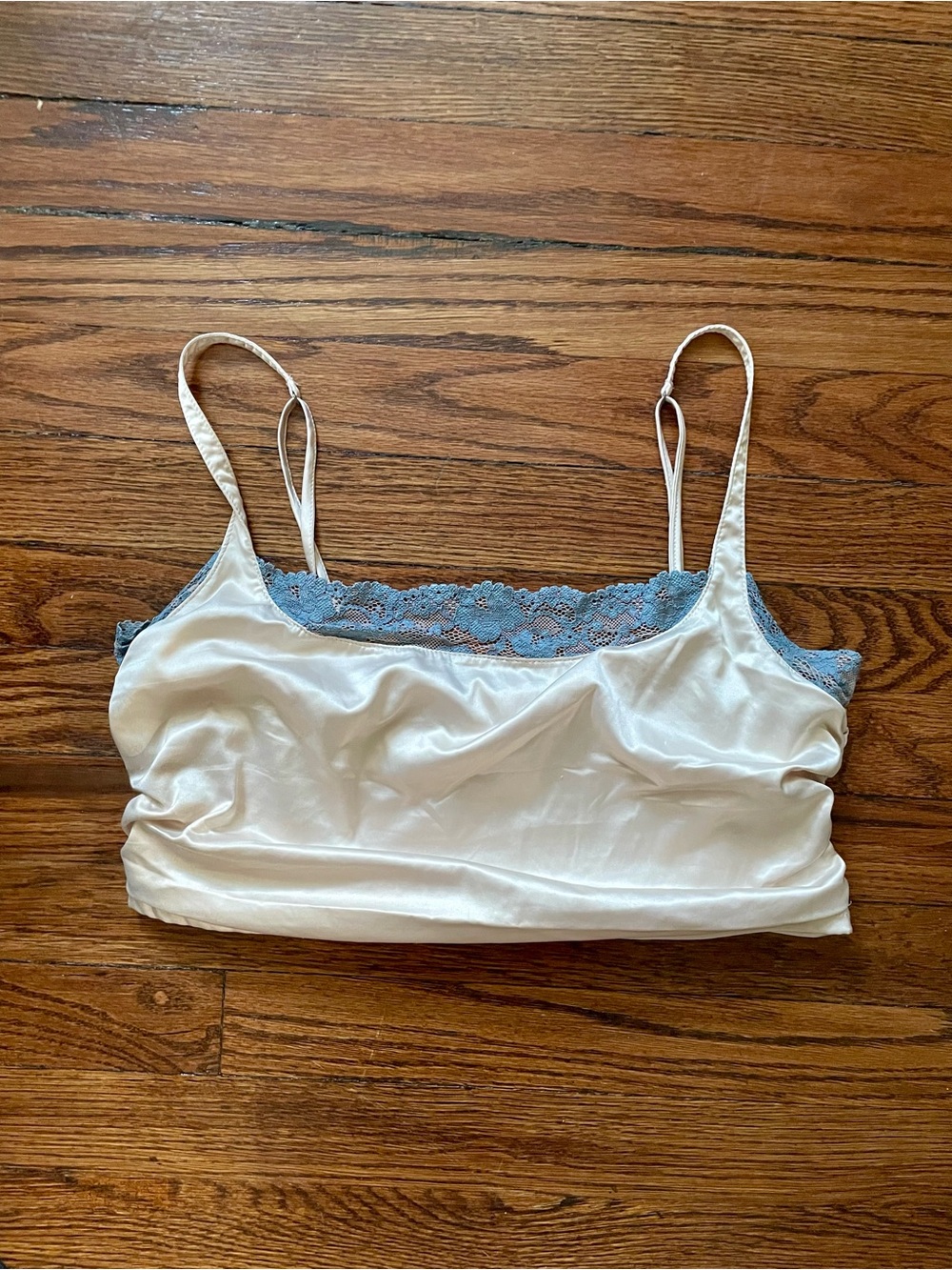 Free People Y2K Ivory Satin Blue Lace Cami Tank Top Size L